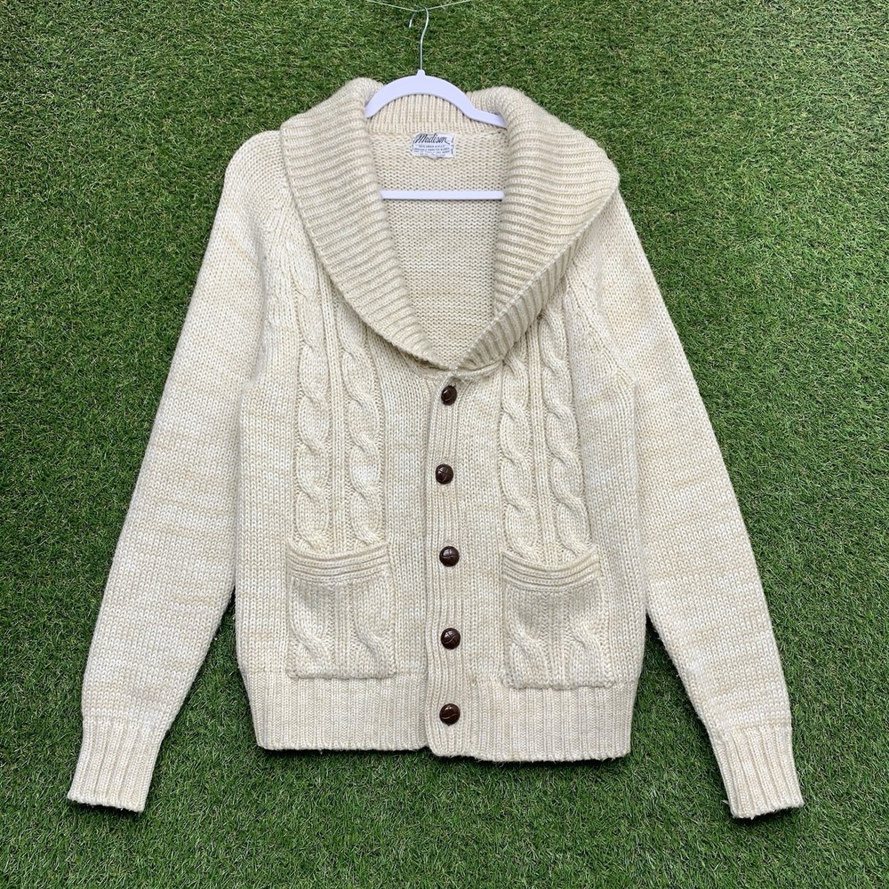 Vintage Sears Sweater Mens Medium Cable Knit Shawl Collar Cardigan Fisherman 90s